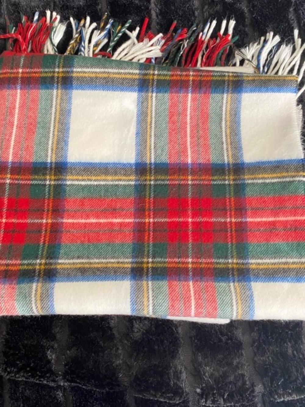 Jeffrey banks White Plaid Fringe Scarf with Red & Blue Accents